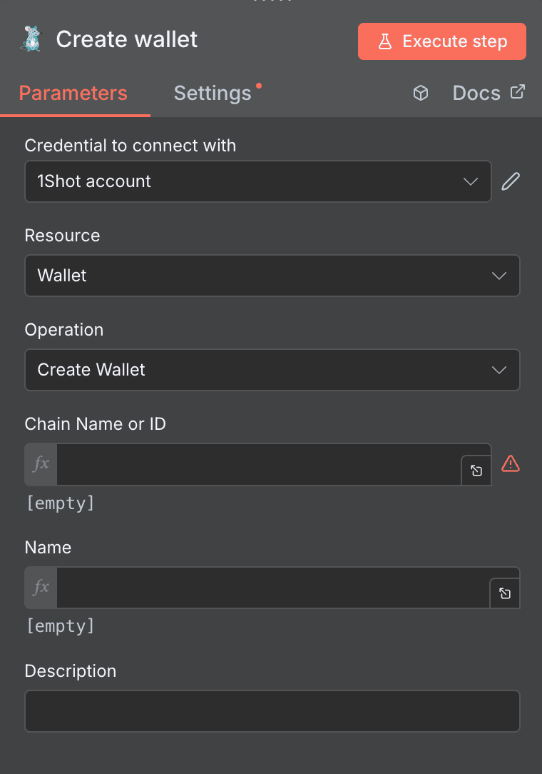 Configuration de l'action Create wallet 1Shot API dans n8n