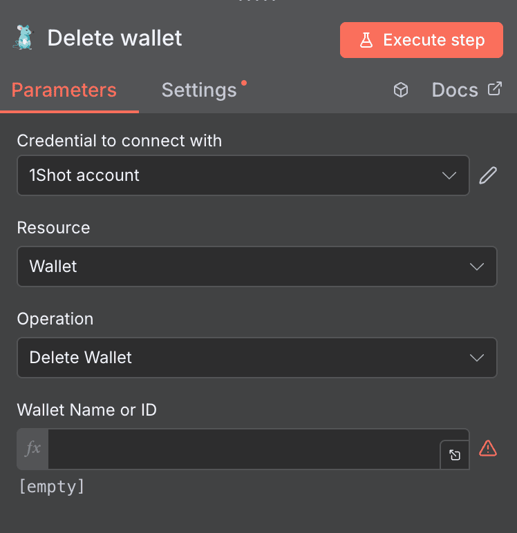 Delete wallet action configuration for 1Shot API in n8n