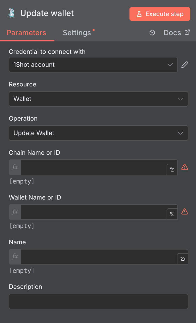 Update wallet action configuration for 1Shot API in n8n