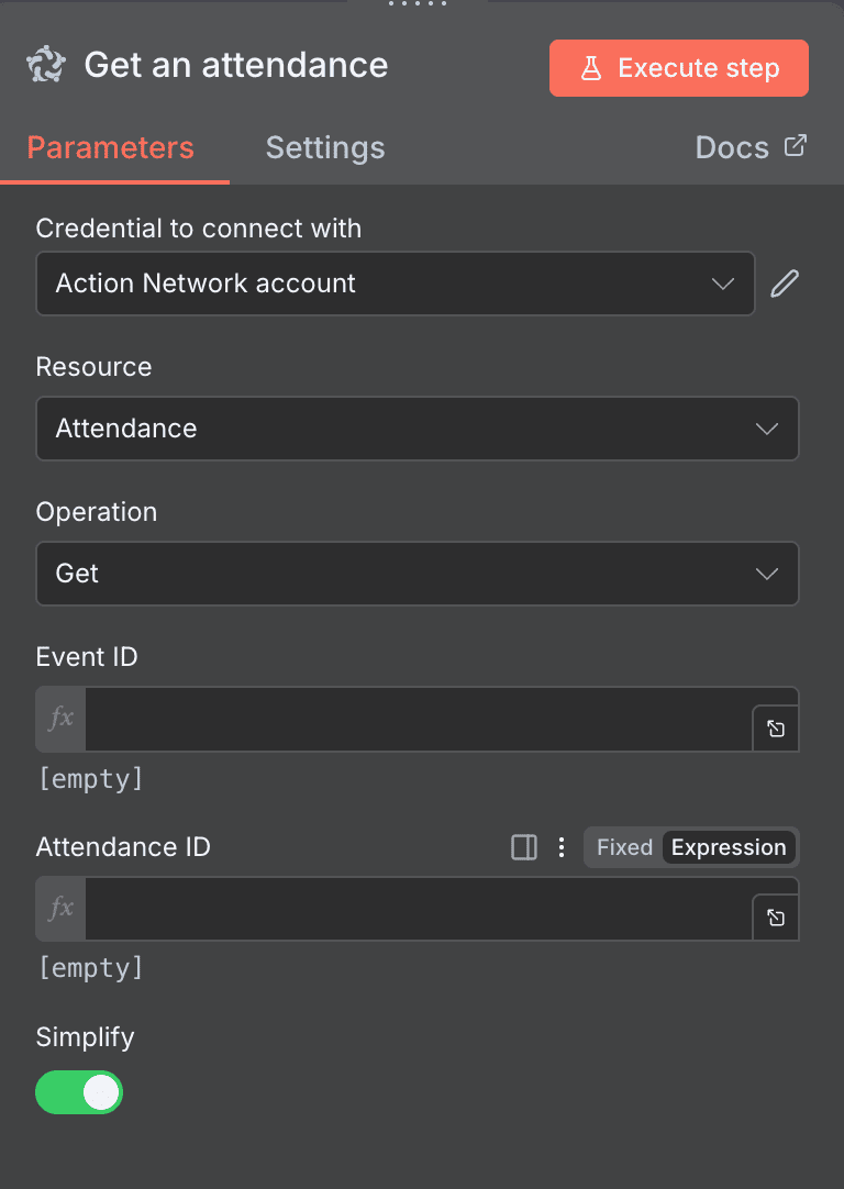 Configuration de l'action Get an attendance Action Network dans n8n