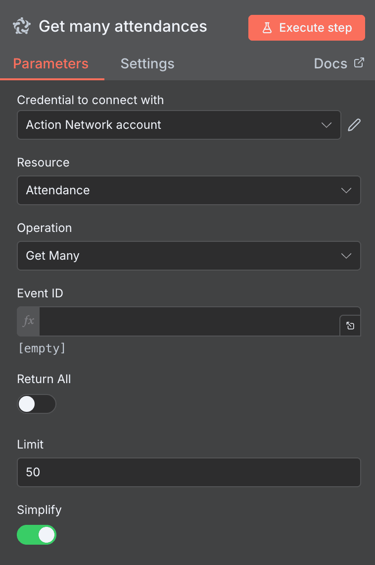 Configuration de l'action Get many attendances Action Network dans n8n