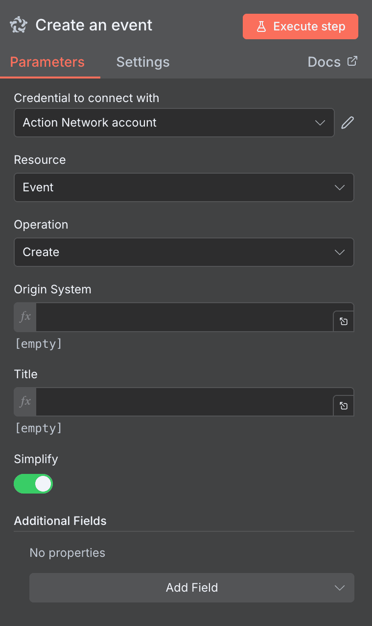 Configuration de l'action Create an event Action Network dans n8n