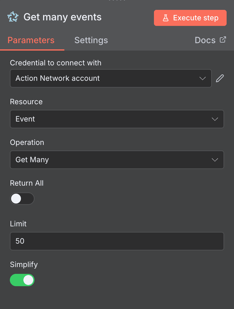 Configuración de la acción Get many events de Action Network en n8n