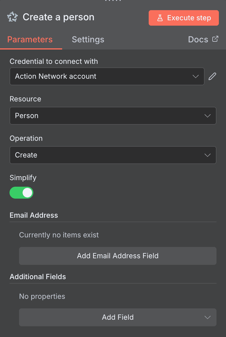 Configuración de la acción Create a person de Action Network en n8n