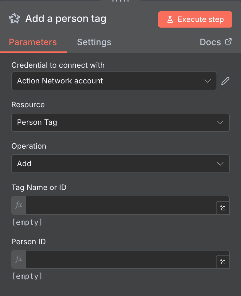 Configuration de l'action Add a person tag Action Network dans n8n