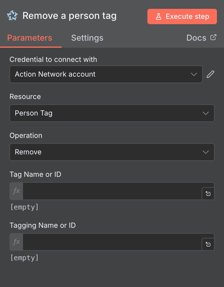 Configuration de l'action Remove a person tag Action Network dans n8n