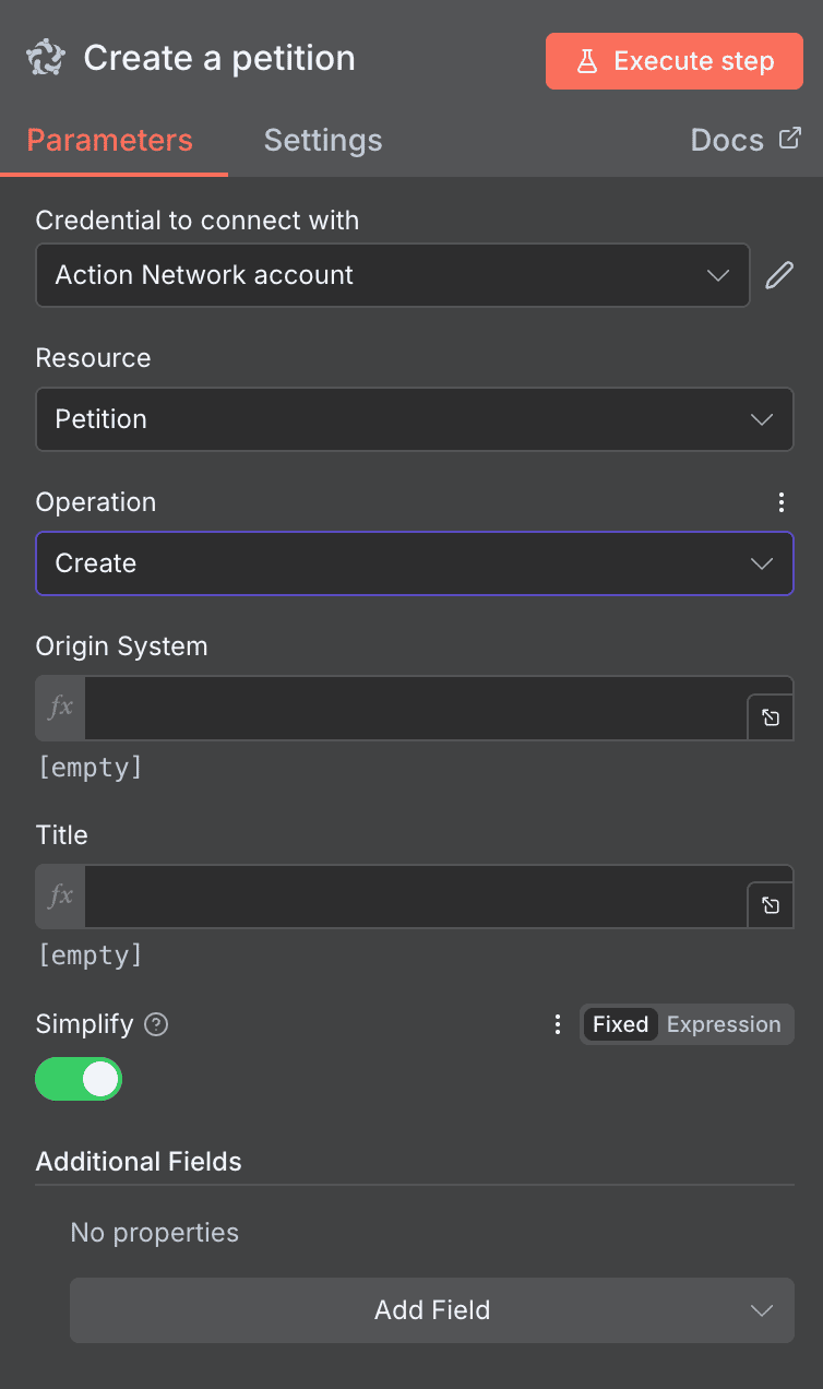 Configuración de la acción Create a petition de Action Network en n8n
