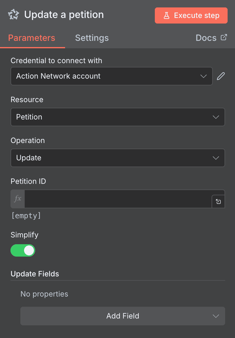 Update a petition action configuration for Action Network in n8n