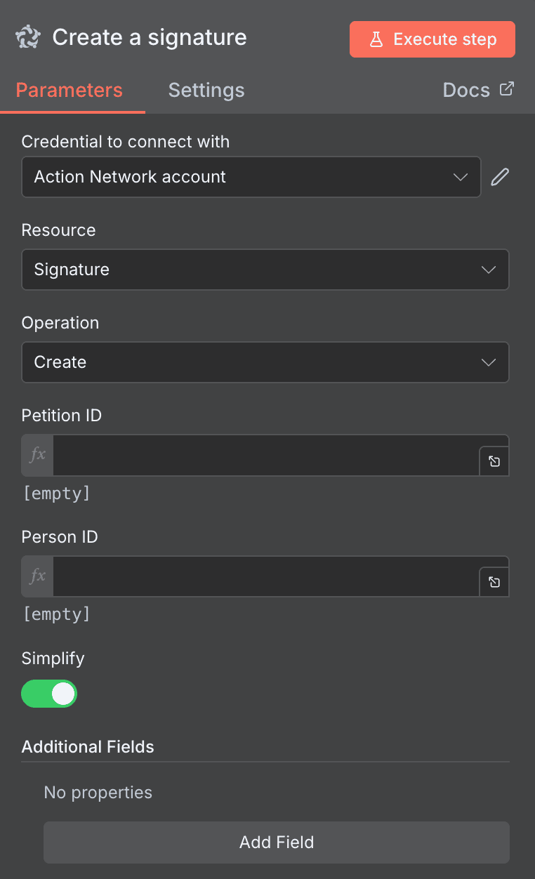 Create a signature action configuration for Action Network in n8n