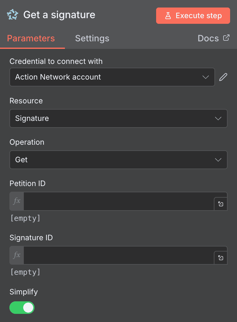 Get a signature action configuration for Action Network in n8n