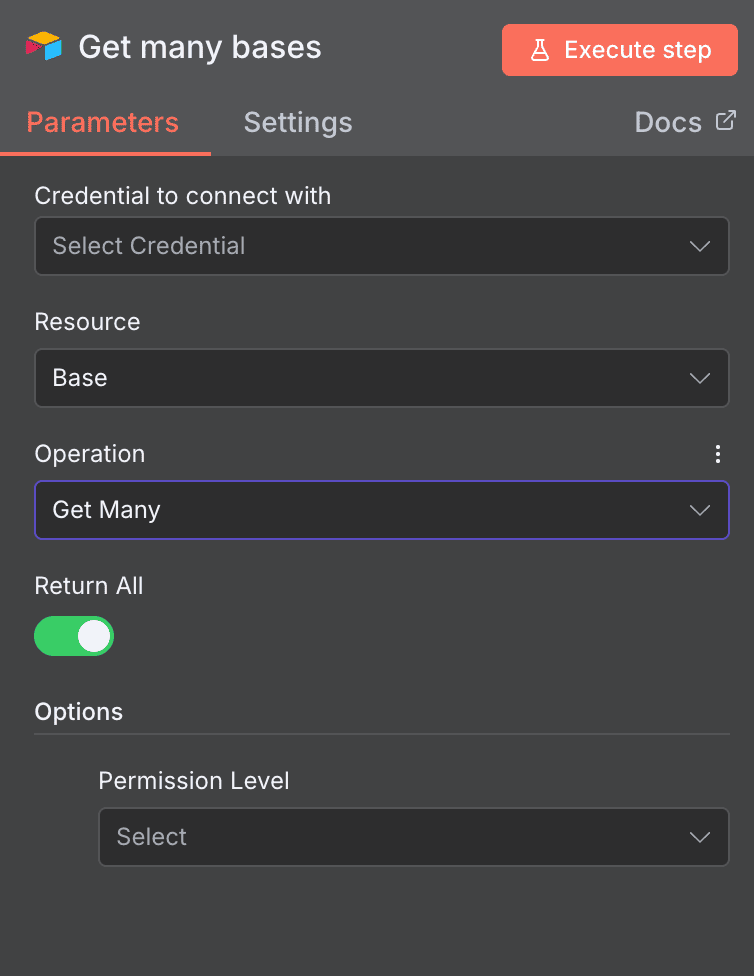 Get many bases action configuration for Airtable in n8n