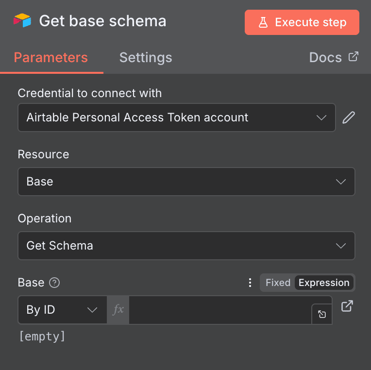 Configuración de la acción Get base schema de Airtable en n8n