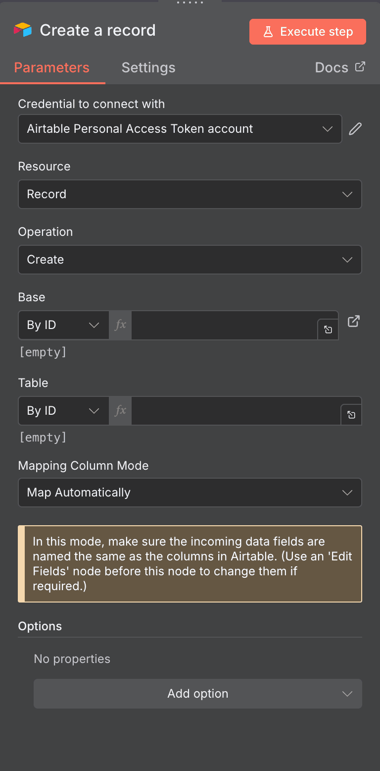 Create a record action configuration for Airtable in n8n