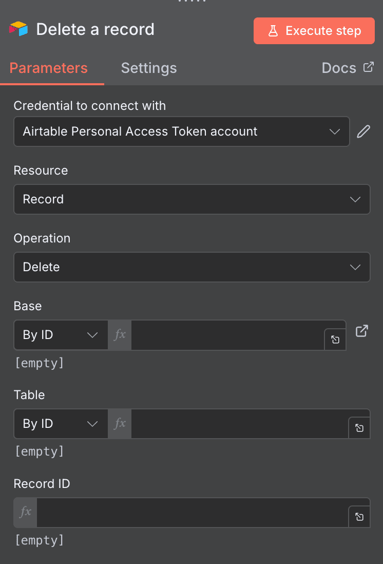 Configuration de l'action Delete a record Airtable dans n8n