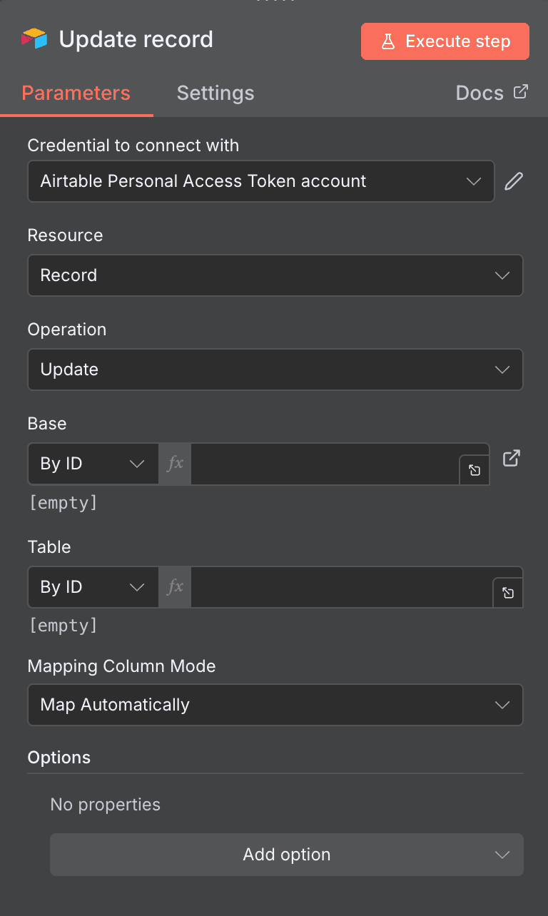 Configuration de l'action Update record Airtable dans n8n
