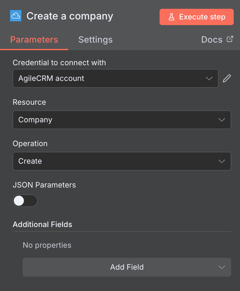 Create a company action configuration for Agile CRM in n8n