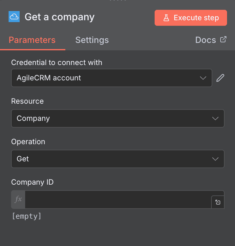 Configuration de l'action Get a company Agile CRM dans n8n