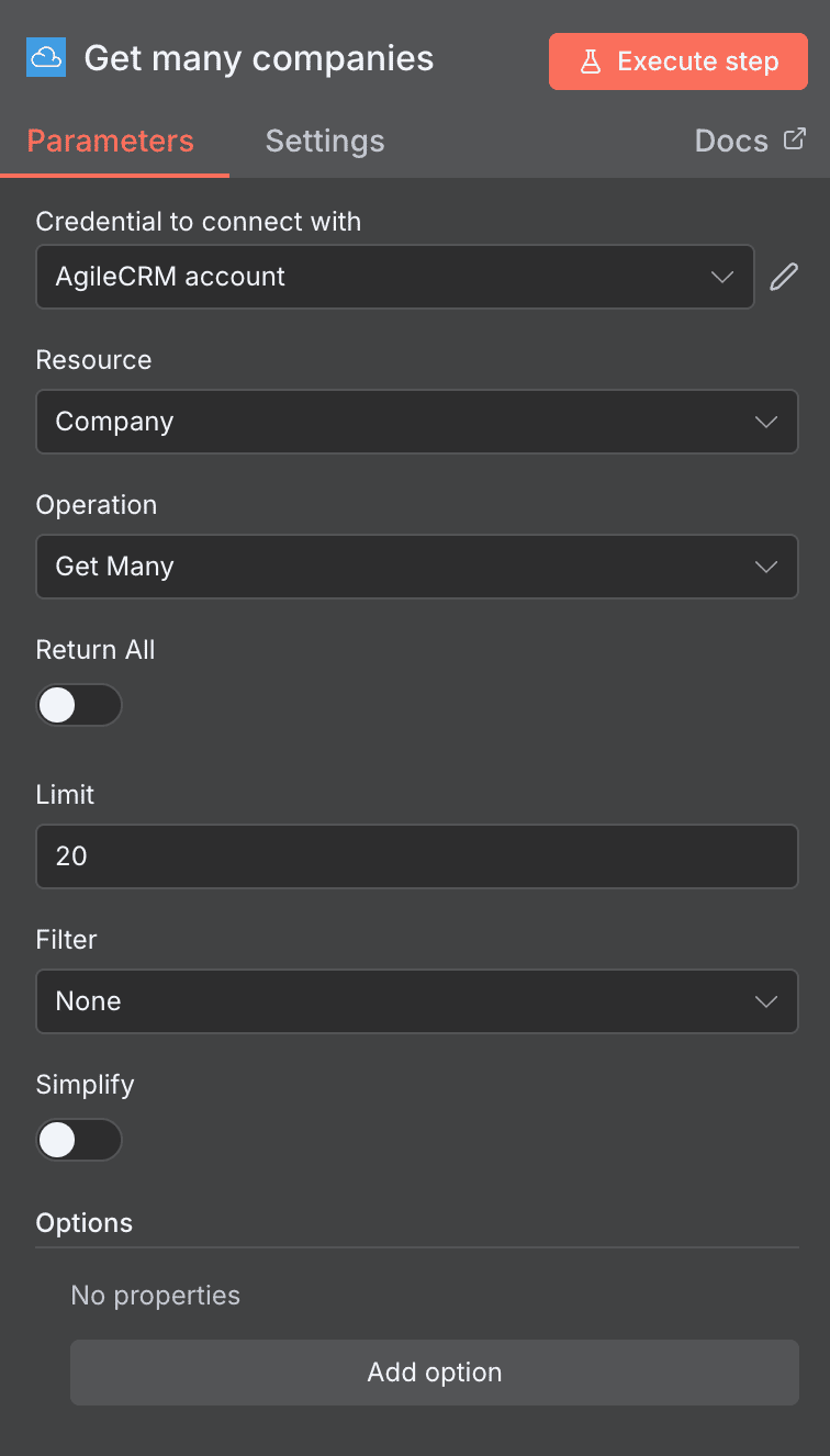 Get many companies action configuration for Agile CRM in n8n