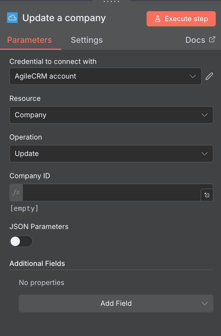 Configuración de la acción Update a company de Agile CRM en n8n