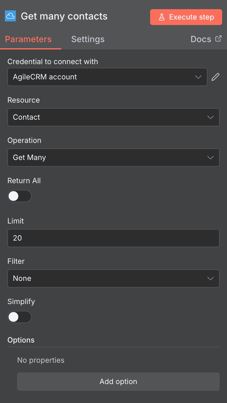 Get many contacts action configuration for Agile CRM in n8n