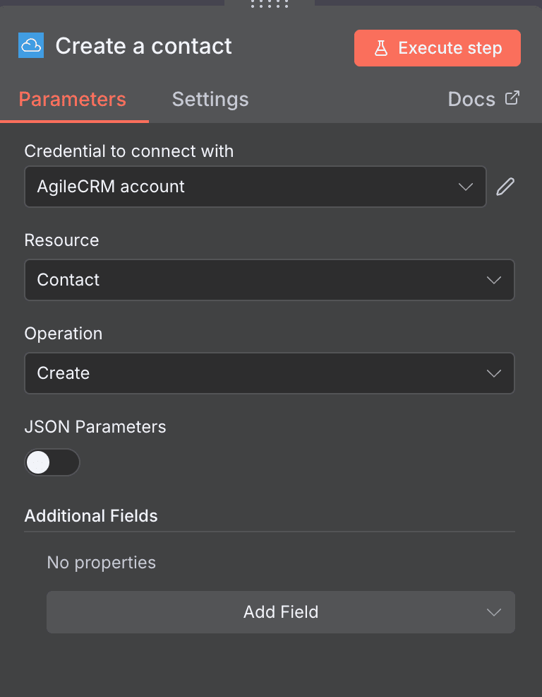 Configuration de l'action Create a contact Agile CRM dans n8n