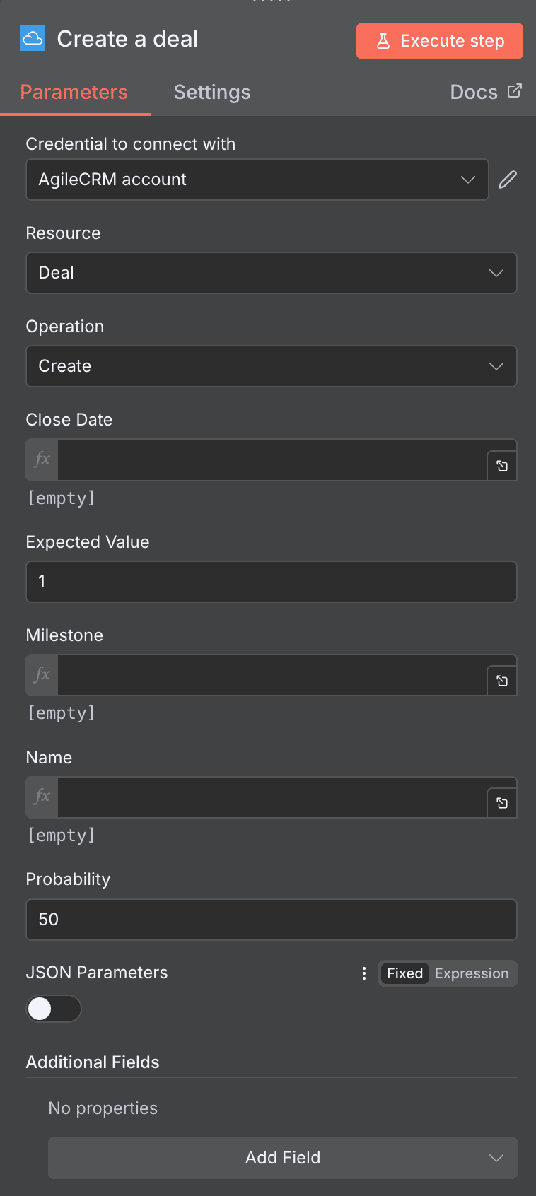 Configuración de la acción Create a deal de Agile CRM en n8n