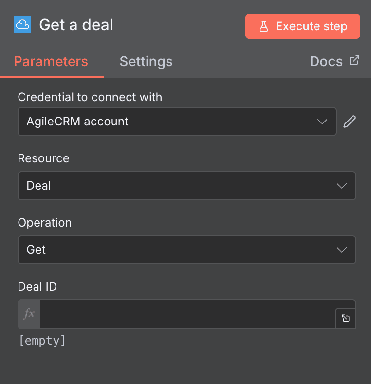 Get a deal action configuration for Agile CRM in n8n