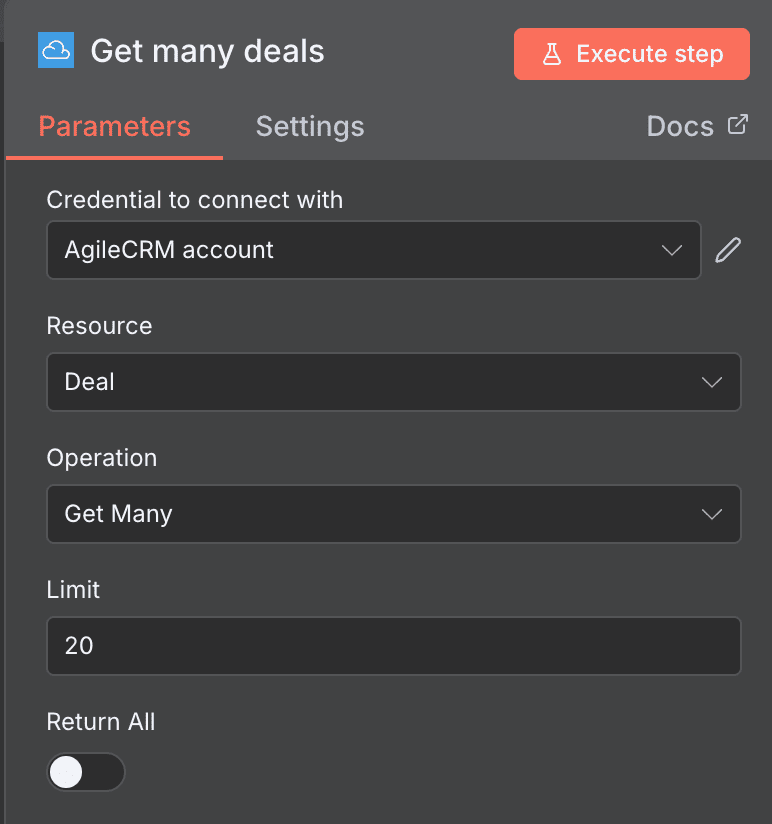 Configuration de l'action Get many deals Agile CRM dans n8n
