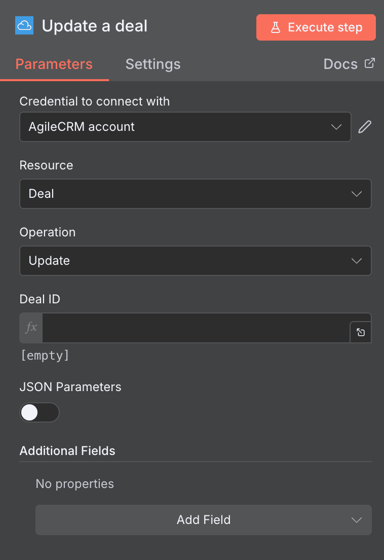 Configuration de l'action Update a deal Agile CRM dans n8n