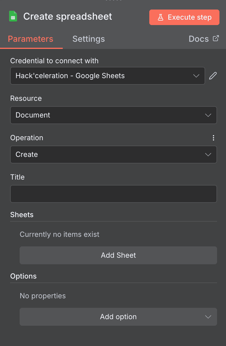 Create spreadsheet action configuration for Google Sheet in n8n