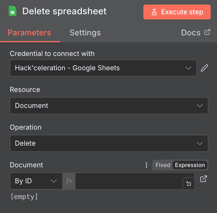Delete spreadsheet action configuration for Google Sheet in n8n