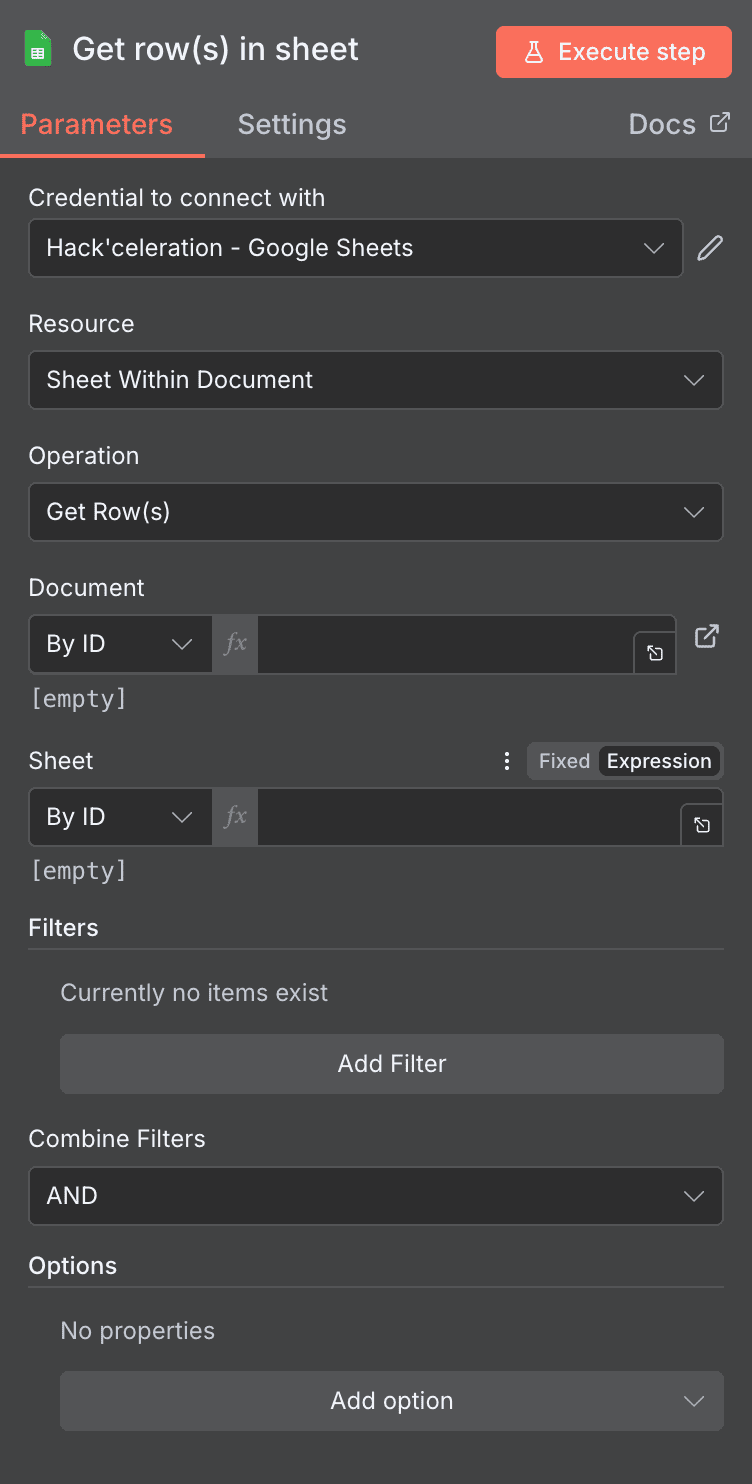 Configuración de la acción Get row(s) in sheet de Google Sheets en n8n