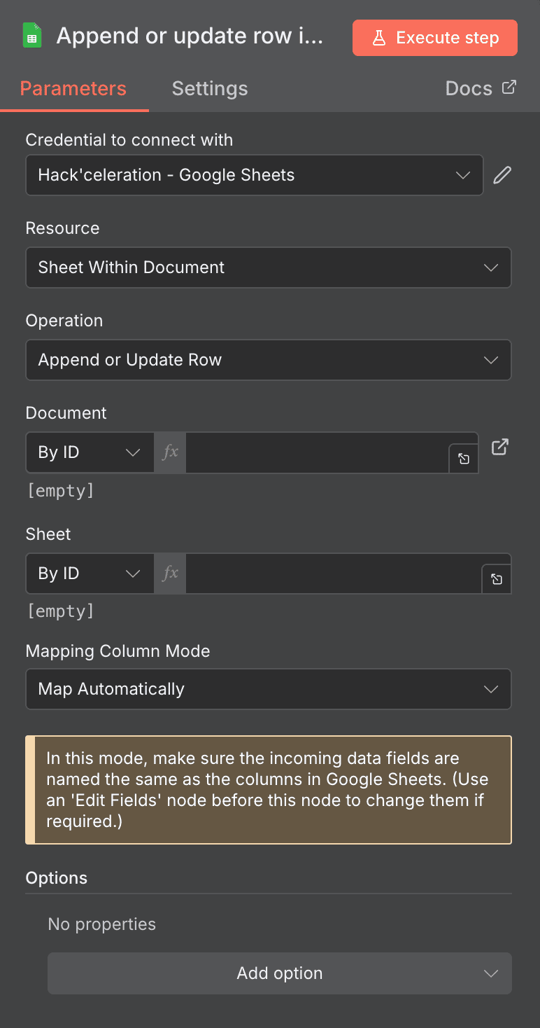 Configuration de l'action Append or Update Row Google Sheets dans n8n