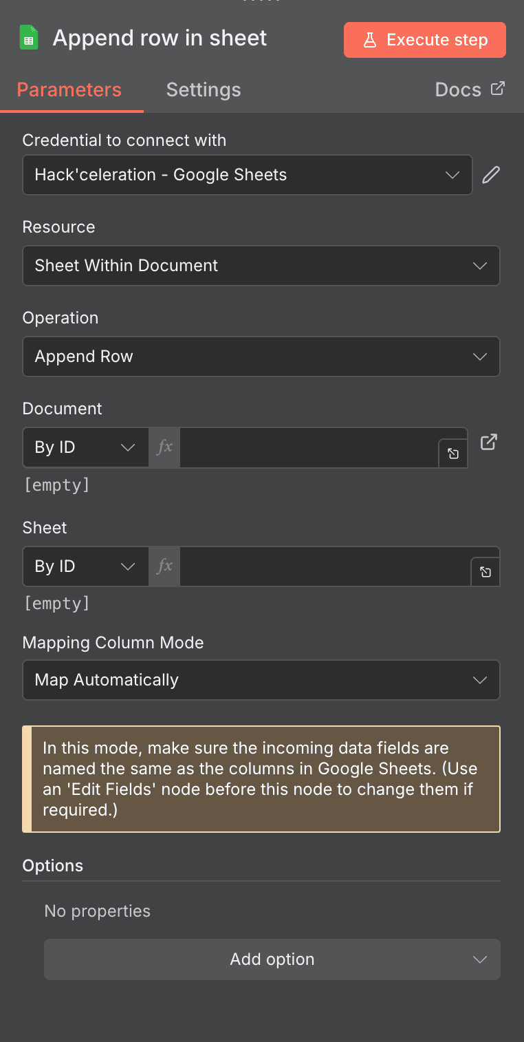 Configuration de l'action Append row in sheet Google Sheets dans n8n
