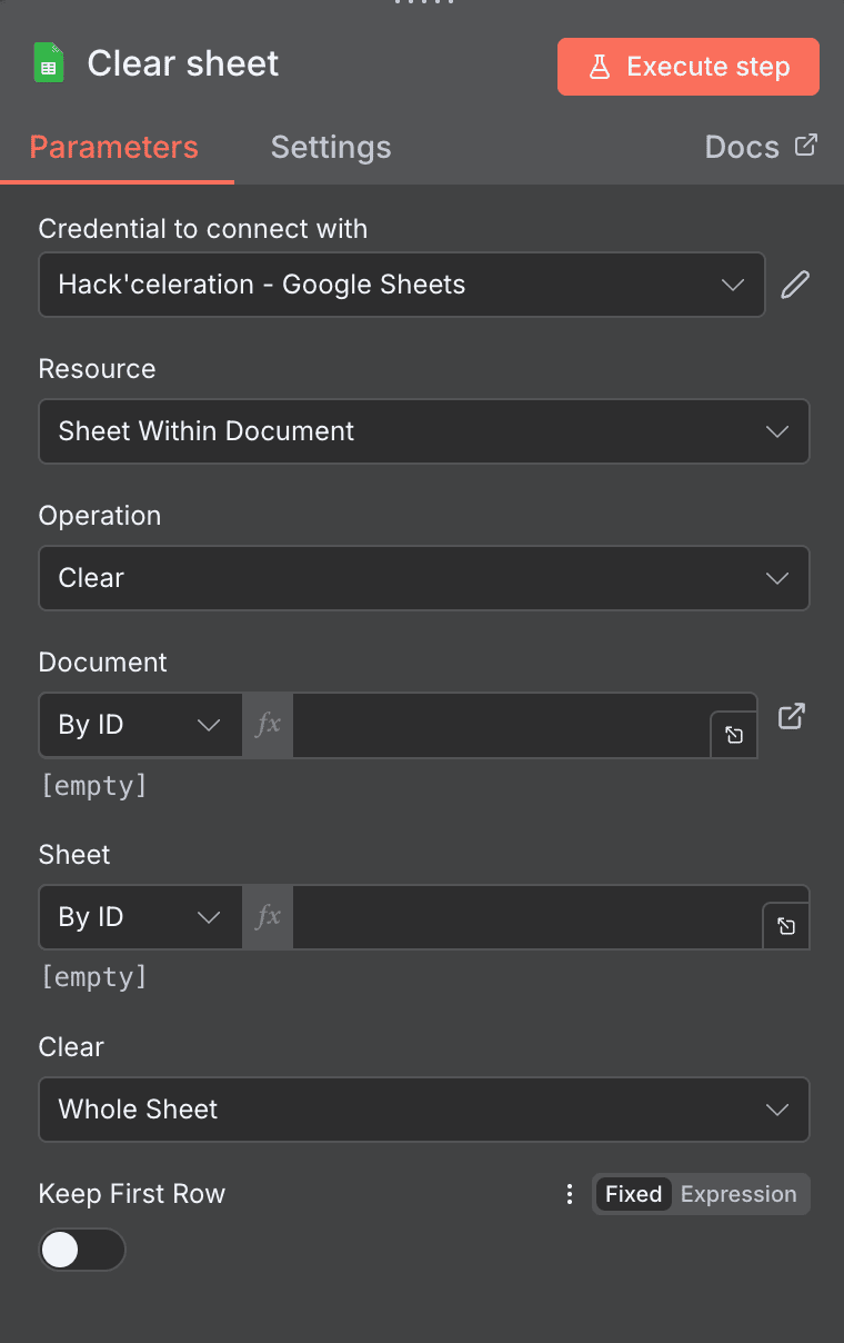 Configuración de la acción Clear sheet de Google Sheets en n8n