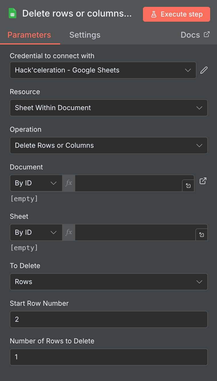 Configuration de l'action Delete Rows or Columns Google Sheets dans n8n
