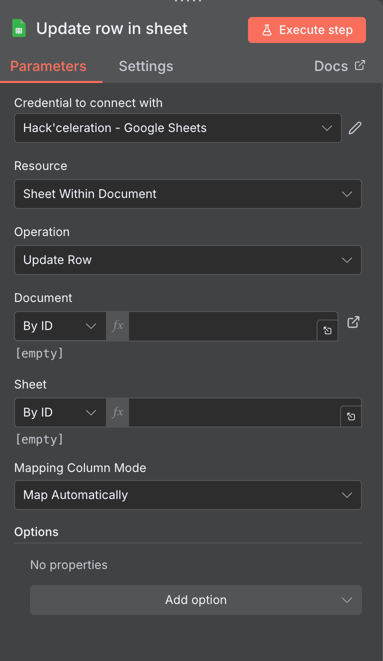 Configuration de l'action Update row in sheet Google Sheets dans n8n