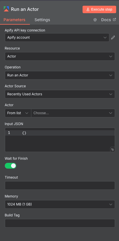 Configuration de l'action Run an Actor Apify dans n8n