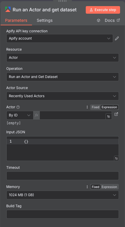 Configuración de la acción Run an Actor and get dataset de Apify en n8n
