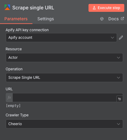Configuration de l'action Scrape single URL Apify dans n8n
