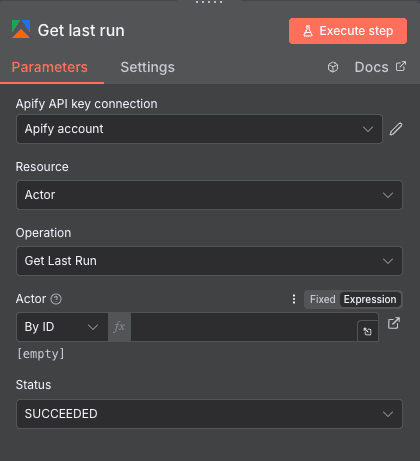 Configuración de la acción Get last run de Apify en n8n