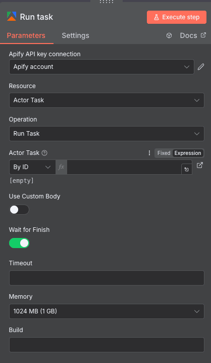 Run task action configuration for Apify in n8n
