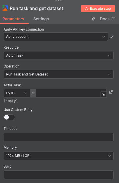 Configuration de l'action Run Task and Get Dataset Apify dans n8n