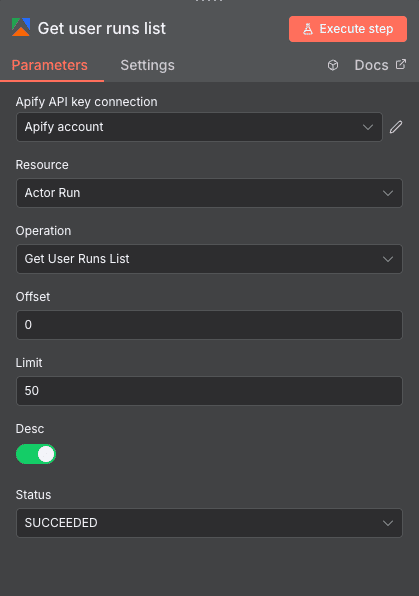 Configuration de l'action Get user runs list Apify dans n8n