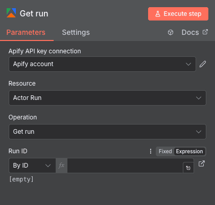 Configuración de la acción Get run de Apify en n8n