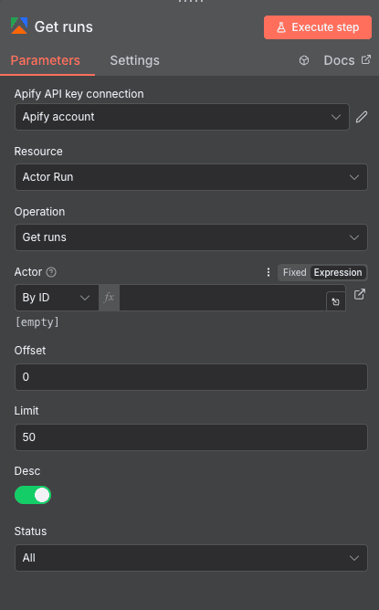 Configuration de l'action Get runs Apify dans n8n