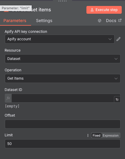 Configuración de la acción Get items de Apify en n8n