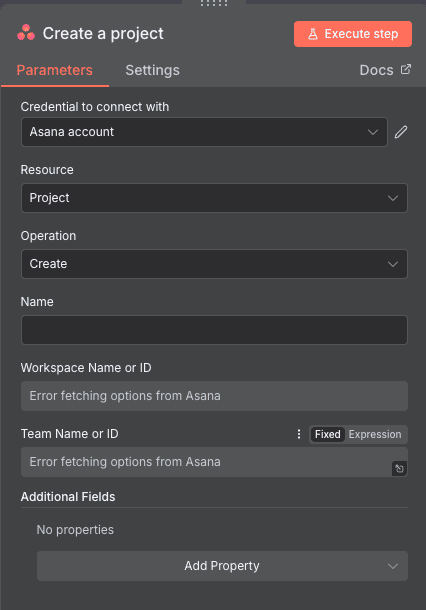 Configuración de la acción Create a project de Asana en n8n