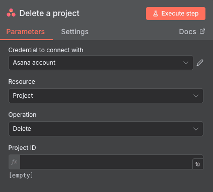 Delete a project action configuration for Asana in n8n