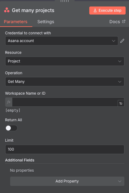 Configuración de la acción Get many projects de Asana en n8n